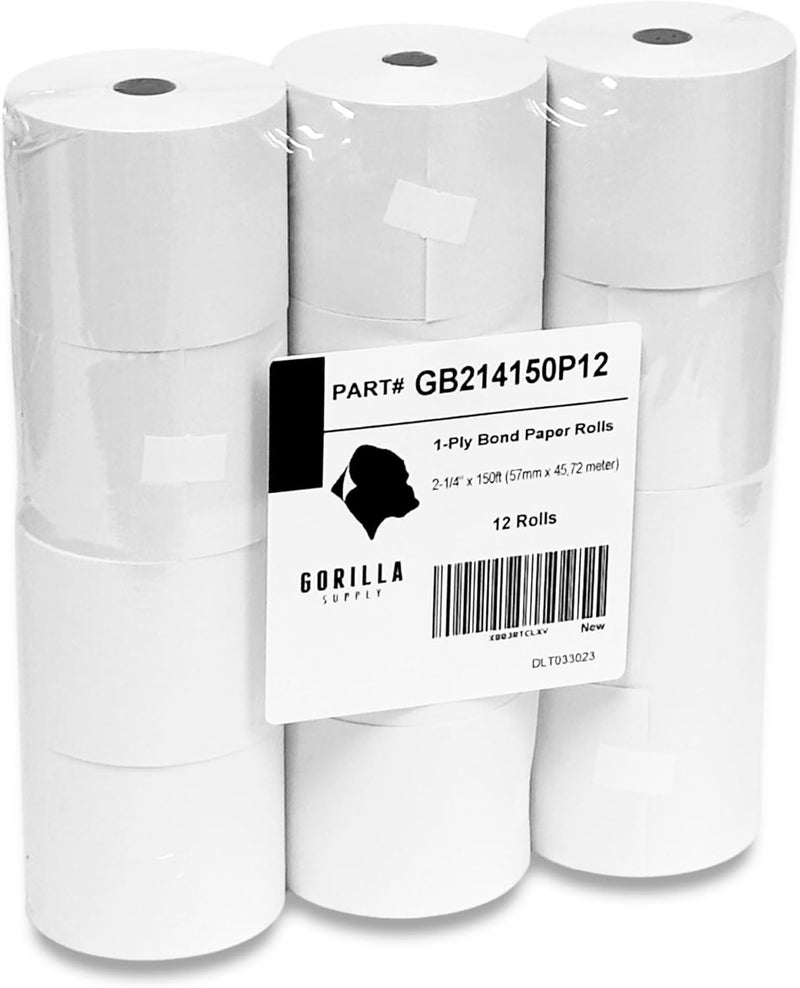 Gorilla Supply 2 1/4 in x 150 ft Bond Paper Rolls, 2.25" x 150' Adding Machine Tape, 1-Ply Receipt Paper Rolls for El-1750 1801 P23, BPA Free, 12 Rolls - Image 1